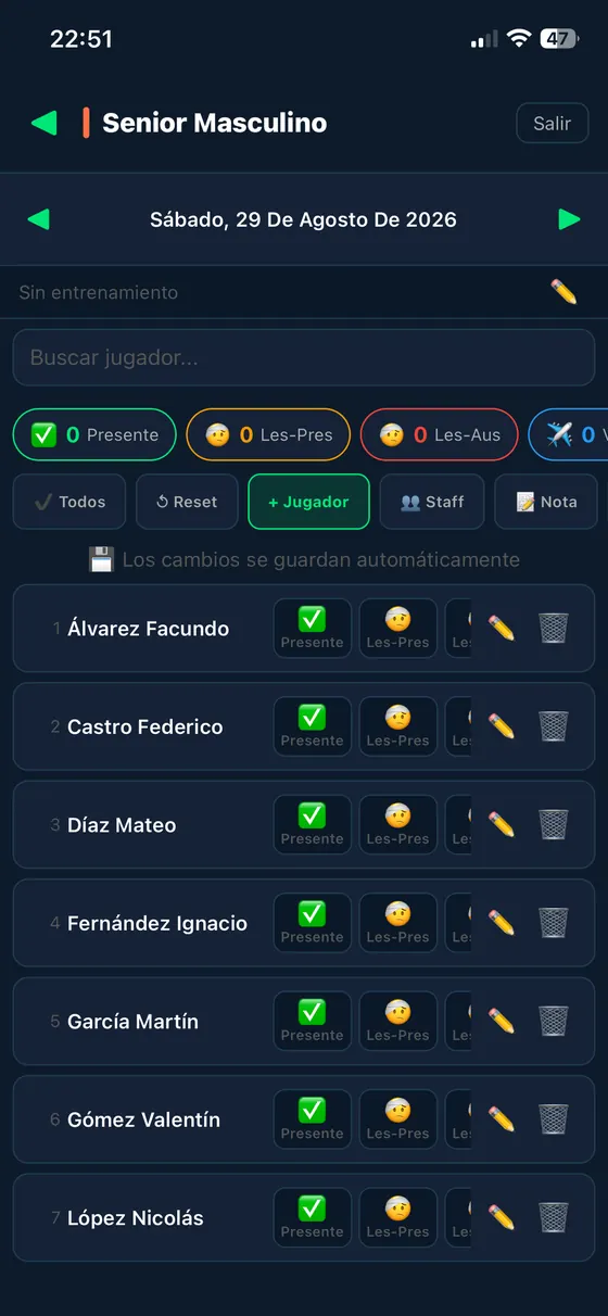 Pantalla de asistencia de RugbyRoll con la lista de jugadores de un equipo