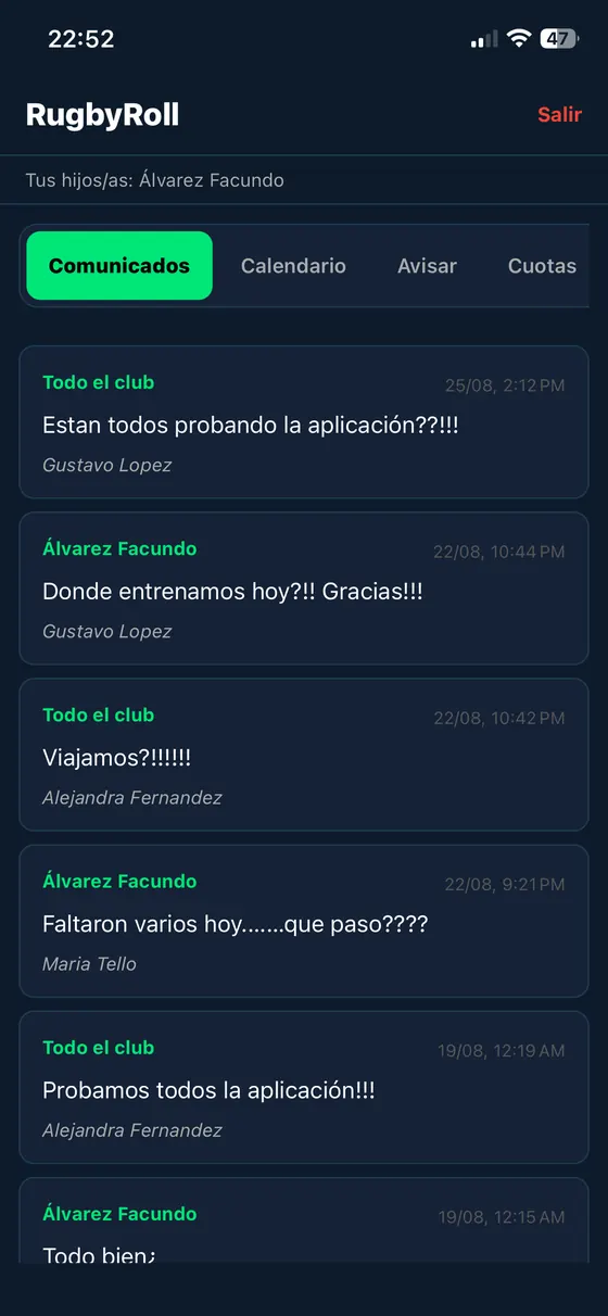 Pantalla de comunicados de RugbyRoll con mensajes del club y de un equipo
